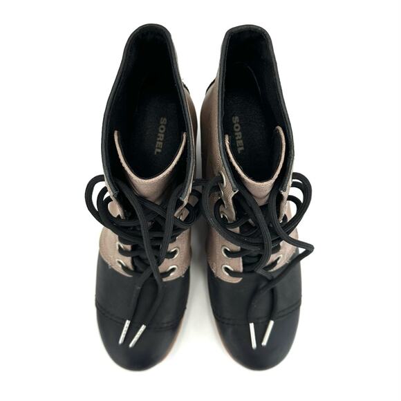 Sorel PDX Black/Tan Wedge Bootie Size 10 Leather/Canvas Waterproof Lace-Up New - Picture 10 of 15